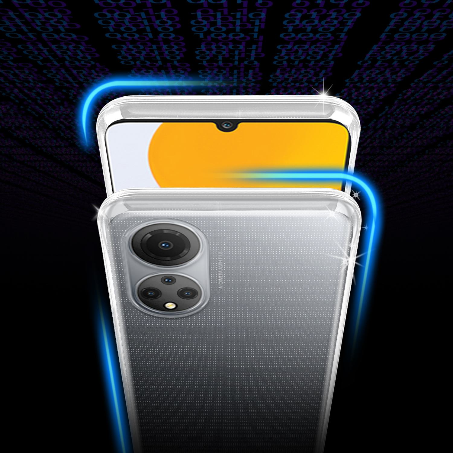 Transparente Handyhülle mit Telefon. Der Hintergrund hat digitales Muster.