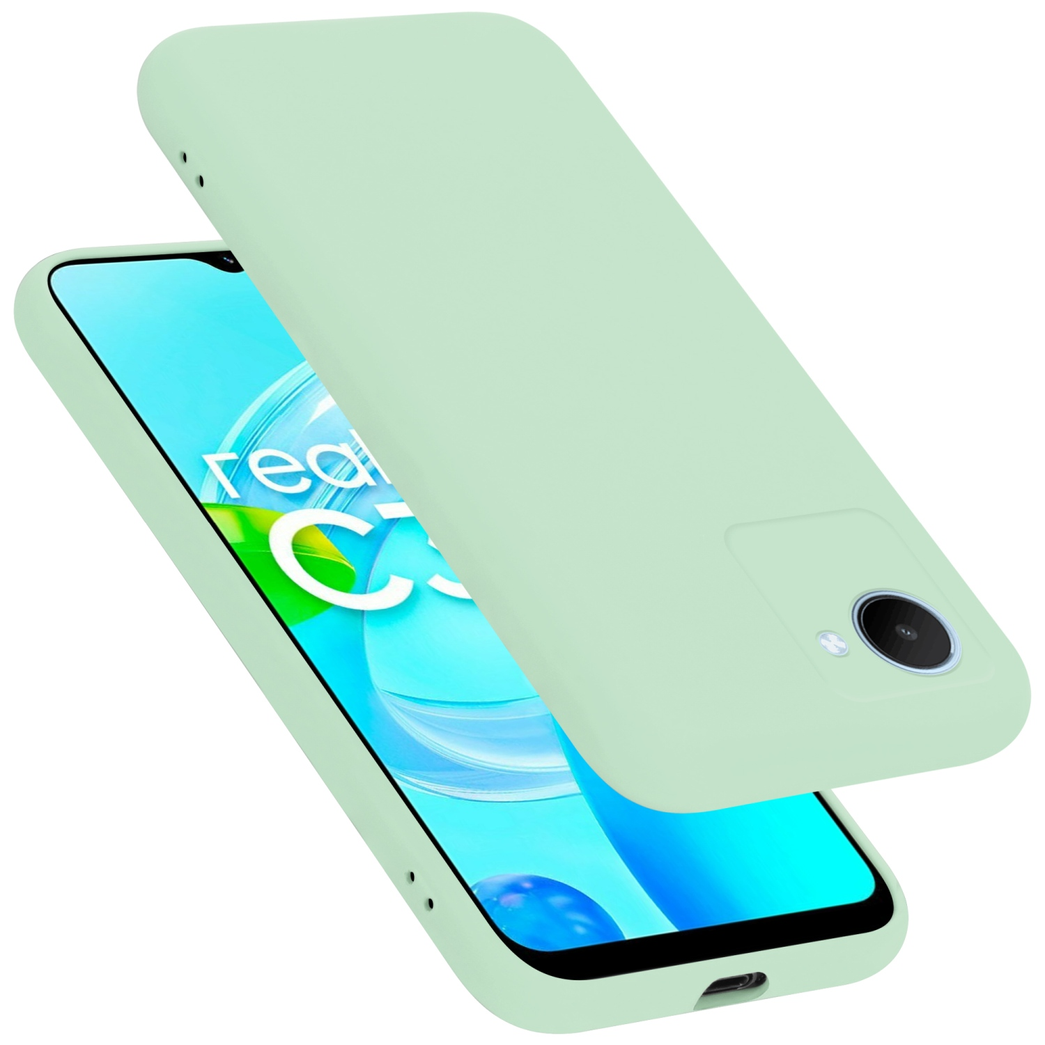Eine hellgrüne Handyhülle. Die Hülle ist offen, und ein Telefon ist sichtbar. Das Telefon ist hellblau.