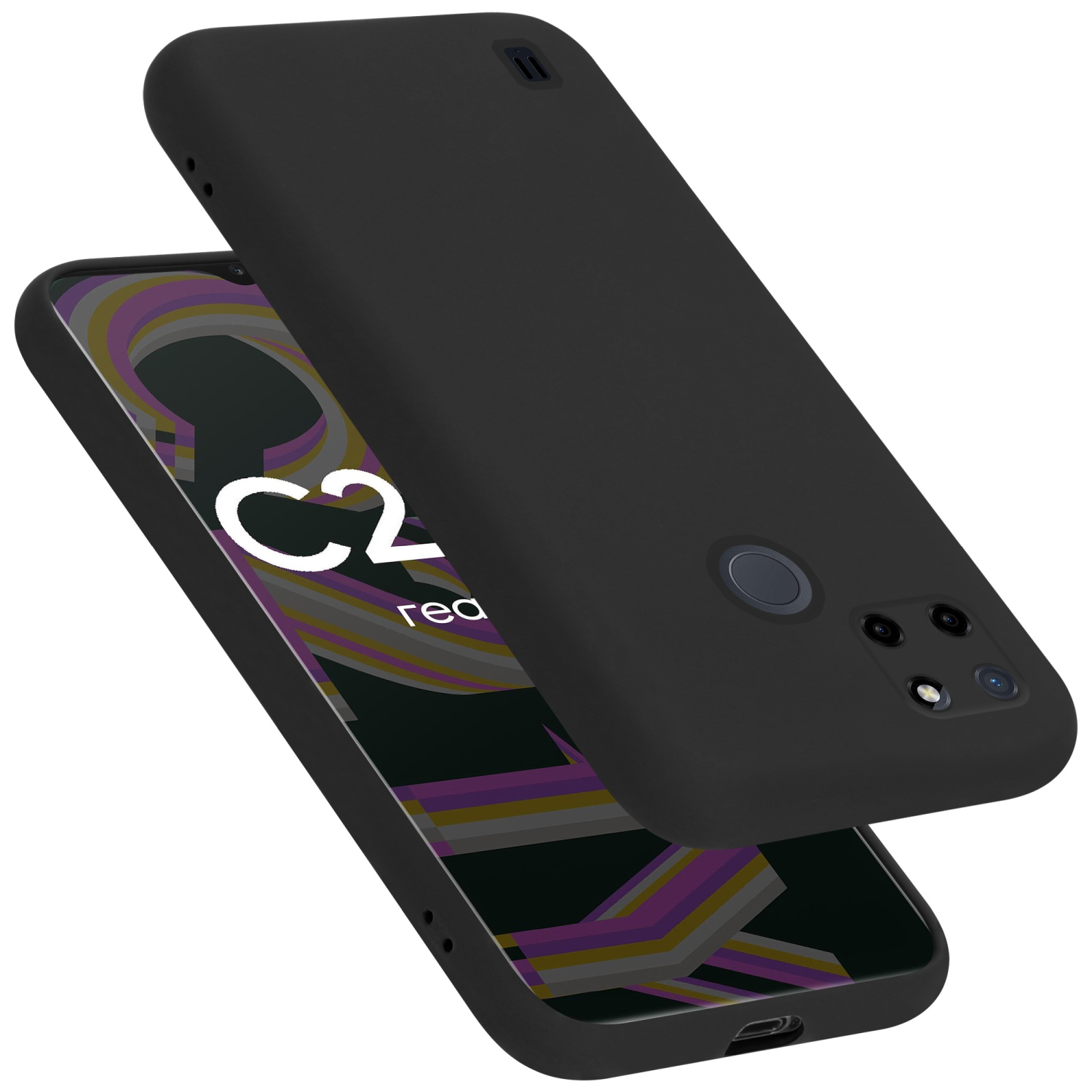 Schwarze Handyhülle mit Telefon, Bildschirm sichtbar, auf weißem Hintergrund.