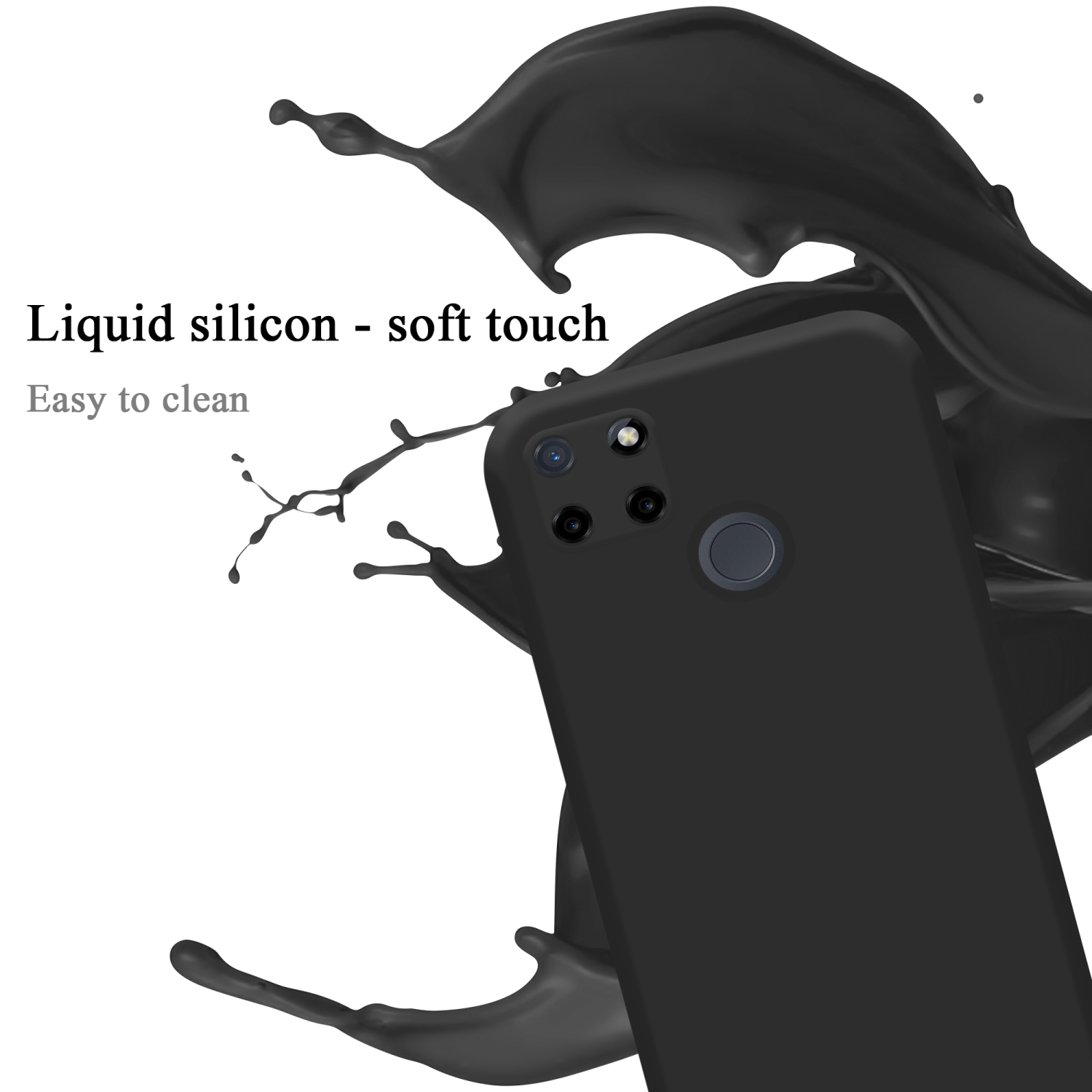 Schwarze Handyhülle mit Farbspritzer. Flüssiges Silikon, Soft-Touch, leicht zu reinigen.