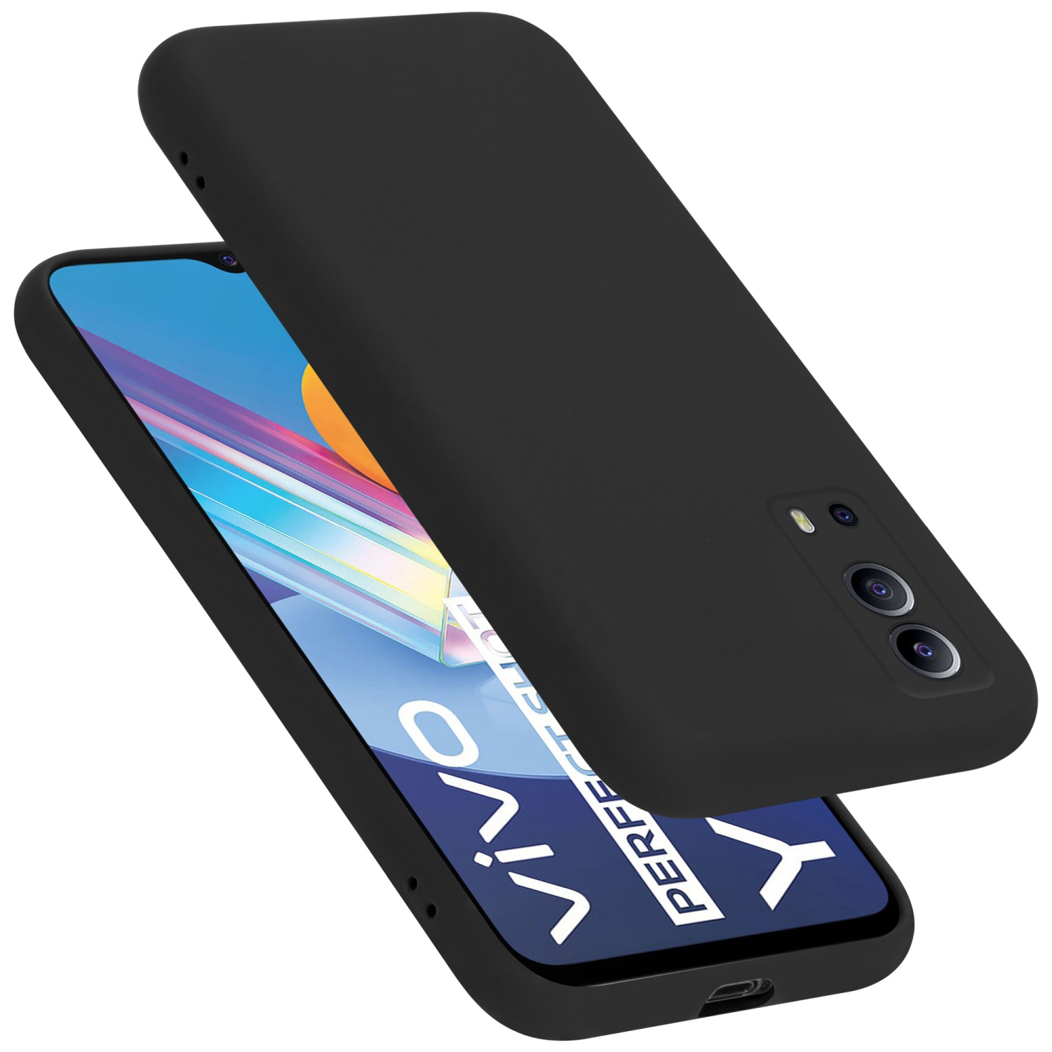 Schwarze Handyhülle, offen, mit Telefon. Vivo Perfect Y auf dem Bildschirm.
