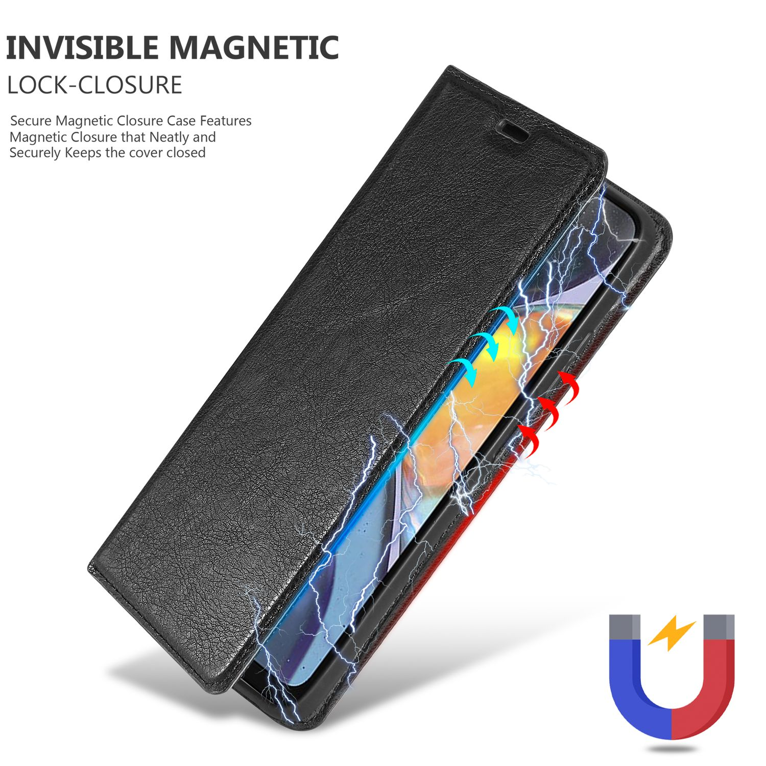 Custodia per telefono in pelle nera aperta, con chiusura magnetica e icona a forma di magnete a U. Testo: Chiusura magnetica invisibile