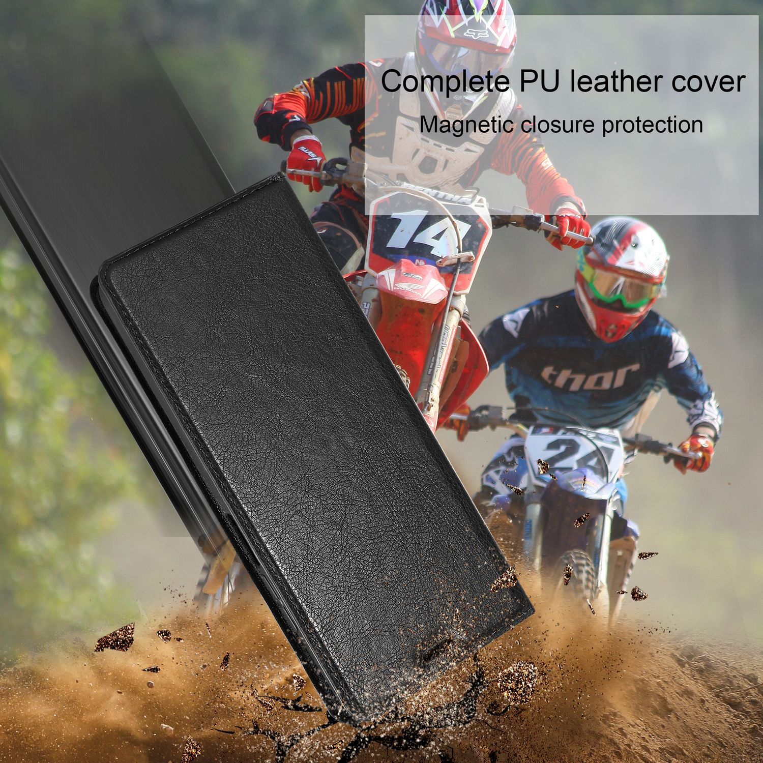 Custodia in pelle nera, sporco e due motociclisti su moto da cross sullo sfondo.
