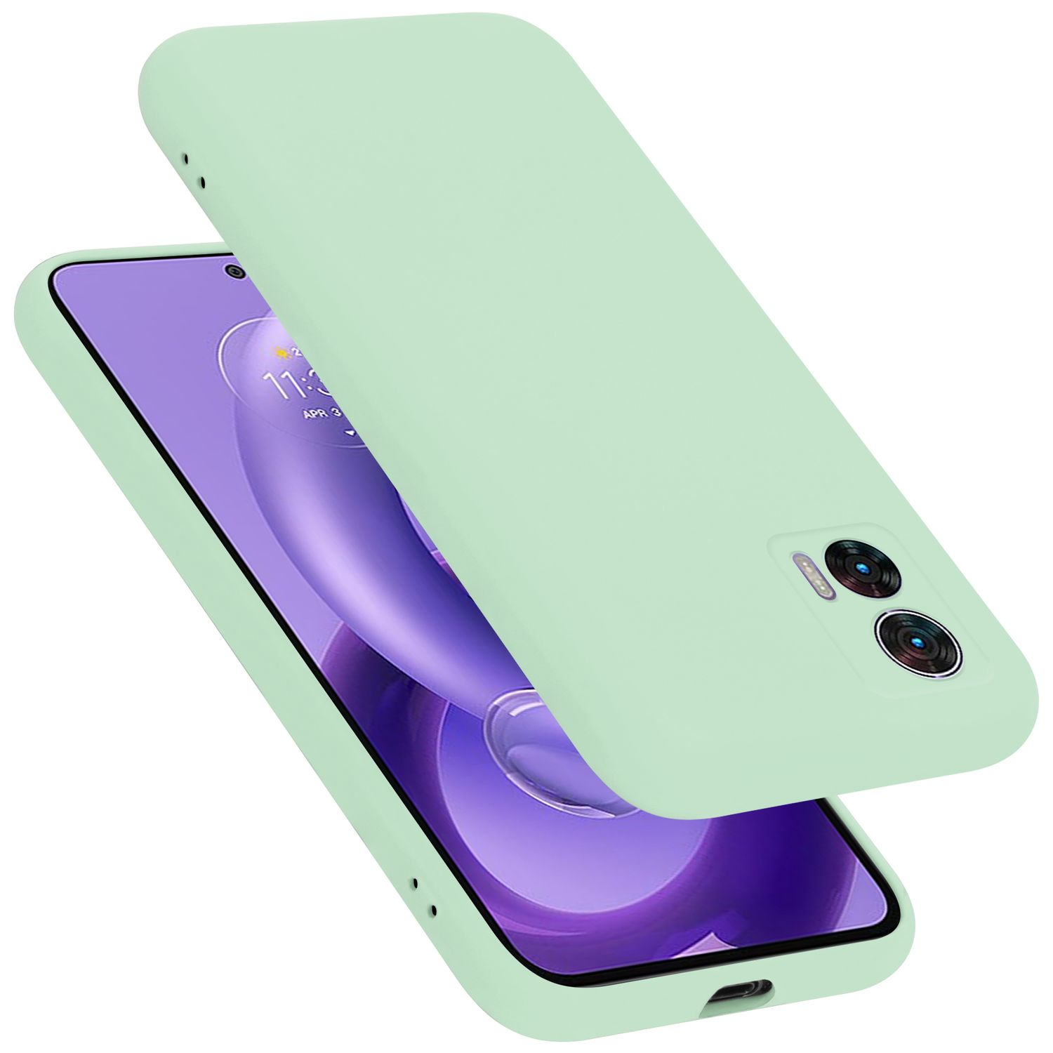 Grüne Handyhülle über einem Telefon mit einem Bildschirm, der einen lila Hintergrund zeigt.