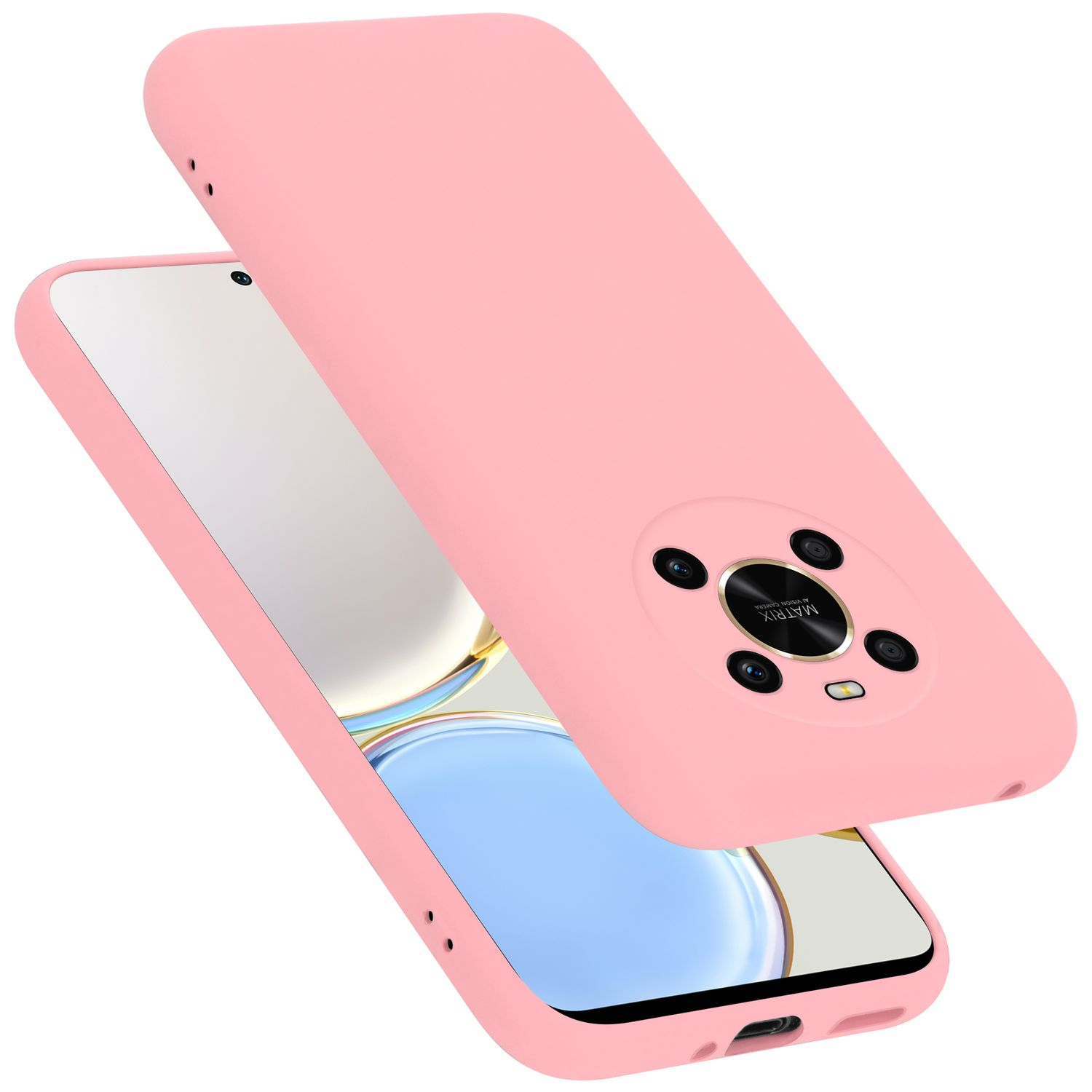 Custodia per telefono rosa e telefono. Il telefono mostra un'immagine dorata. La custodia è angolata e aperta.