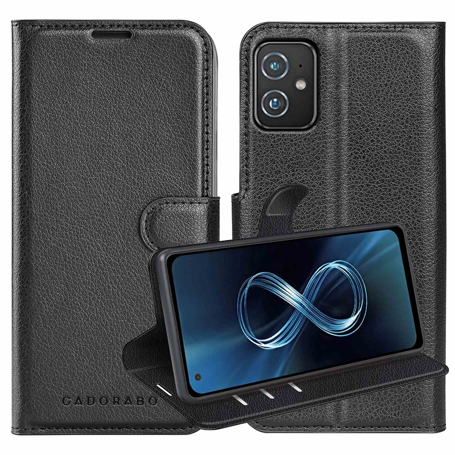 Schwarze Handyhülle mit Telefon. Die Hülle ist lederartig. Das Telefon zeigt einen dunklen Bildschirm.