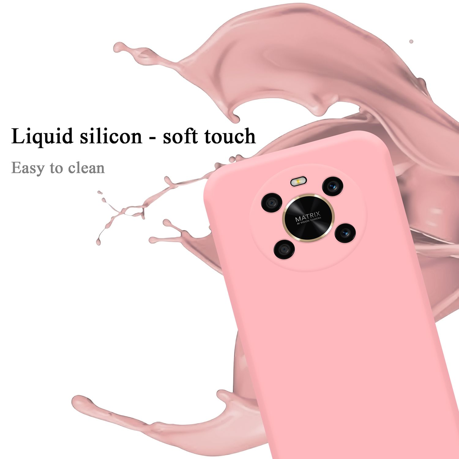 Custodia rosa per telefono con design circolare della fotocamera e texture in silicone liquido.
