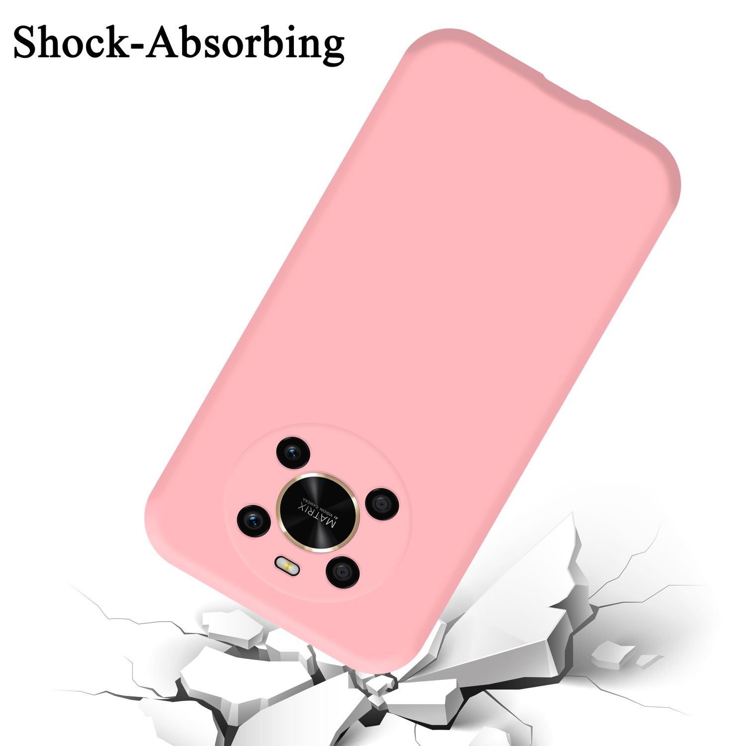 Una custodia per telefono rosa che cade e spacca il terreno, evidenziando le caratteristiche di assorbimento degli urti.