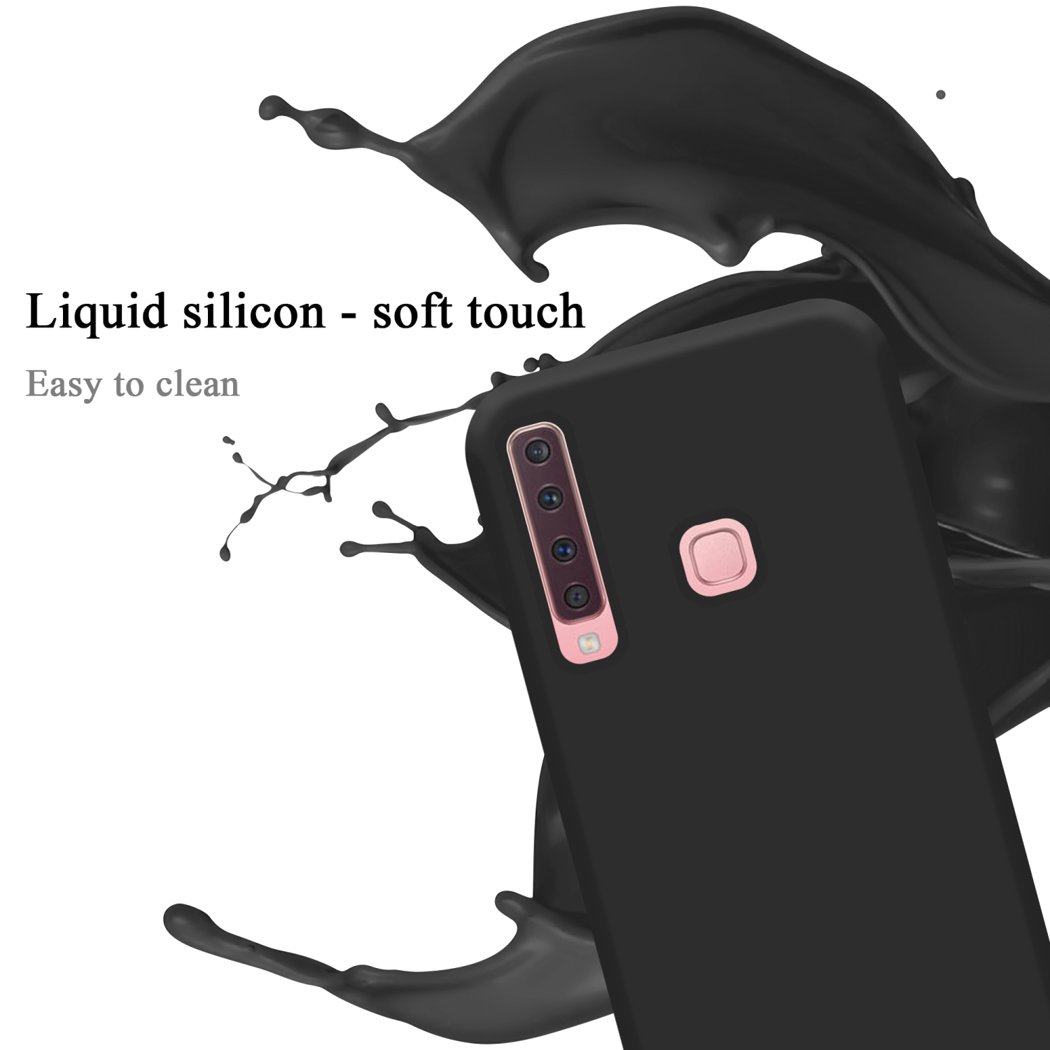 Custodia per telefono nera con accento viola. Silicone liquido, soft touch e facile da pulire. Schizzo di liquido nero.