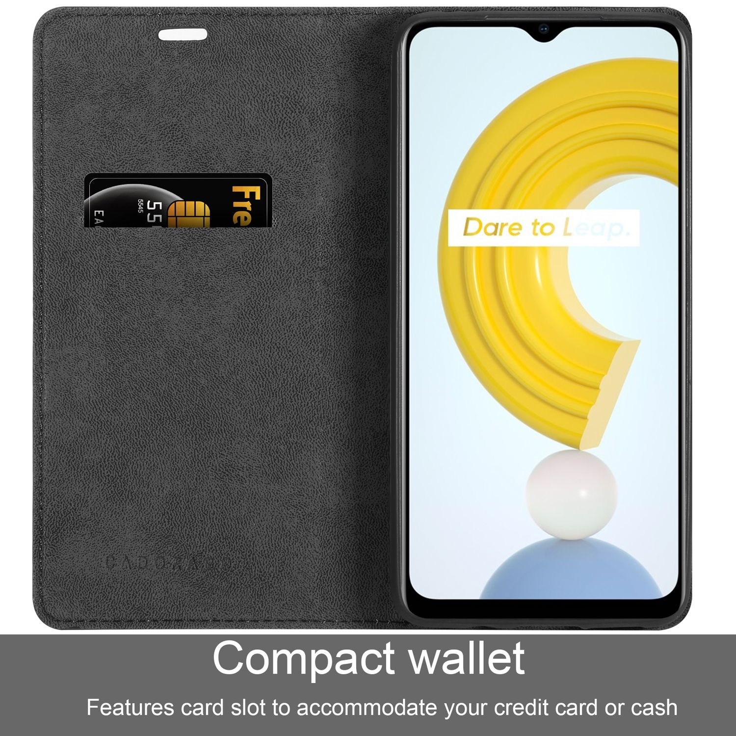Portafoglio nero per telefono aperto, con carta di credito e telefono con schermo giallo e bianco.
