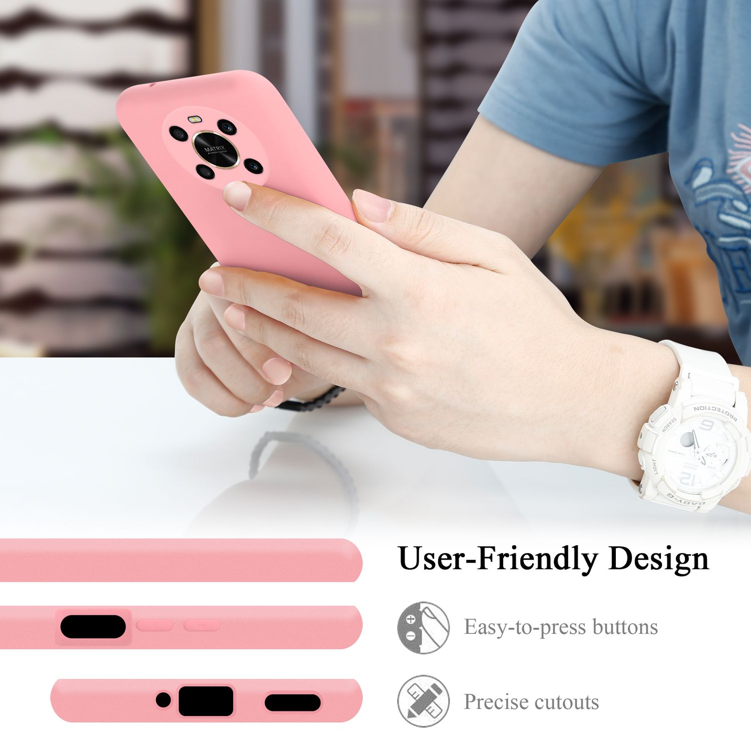 Una persona tiene in mano una custodia rosa per telefono. Testo: Design intuitivo, con icone per pulsanti e ritagli.