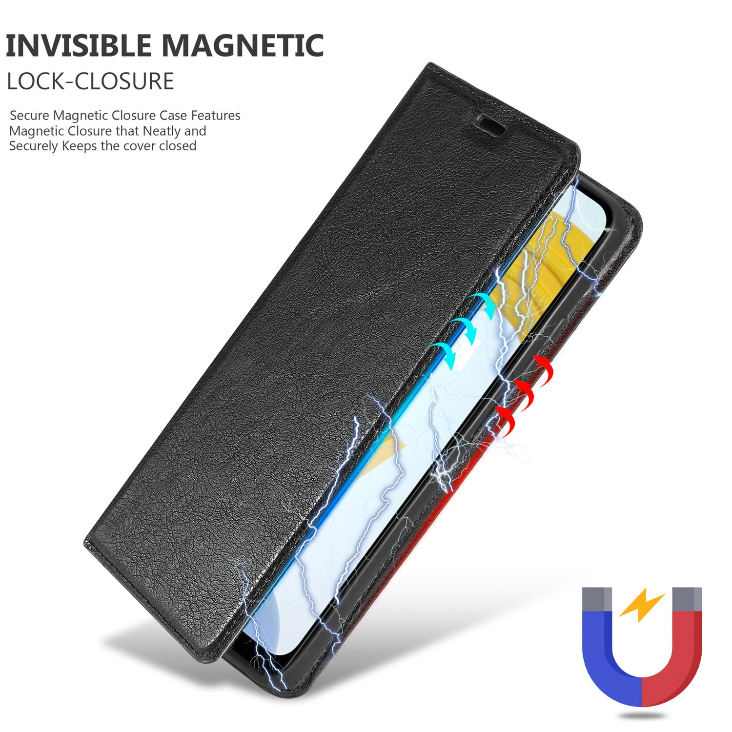 Custodia nera per telefono con chiusura magnetica, design a fulmine. Icona magnete a U.