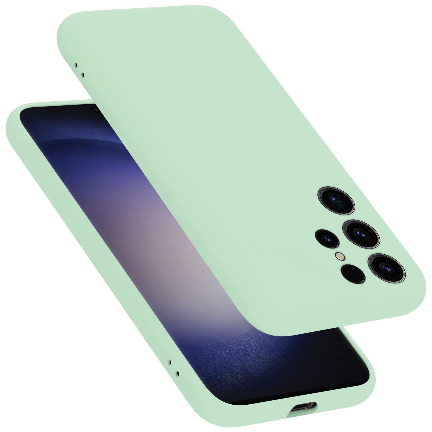 Mintgrüne Handyhülle und Telefon. Das Telefon zeigt ein lila Bild. Hülle ist angewinkelt und offen.