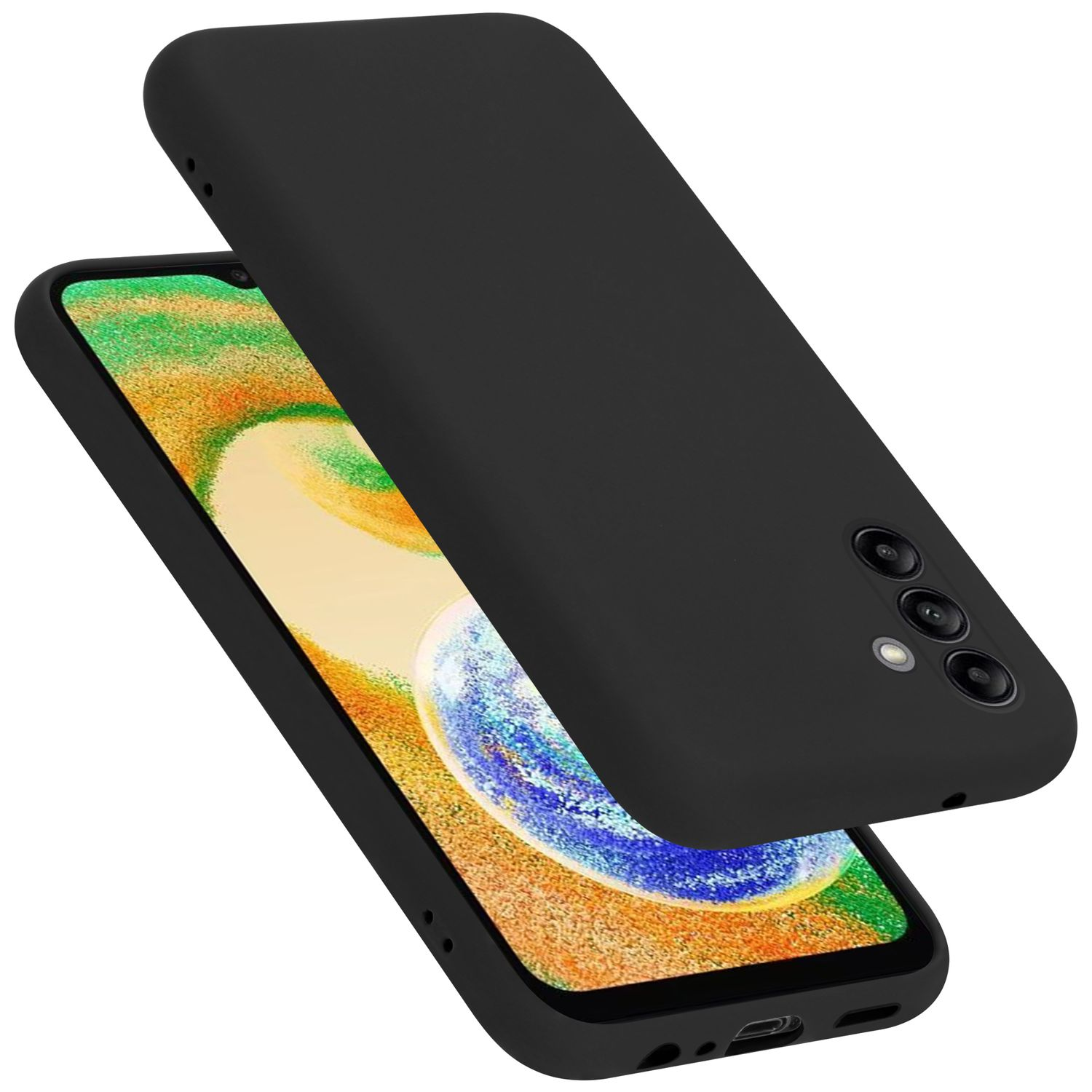 Schwarzes Telefon mit passendem Case, schräge Ansicht. Zeigt Bildschirm und Kameradetails.