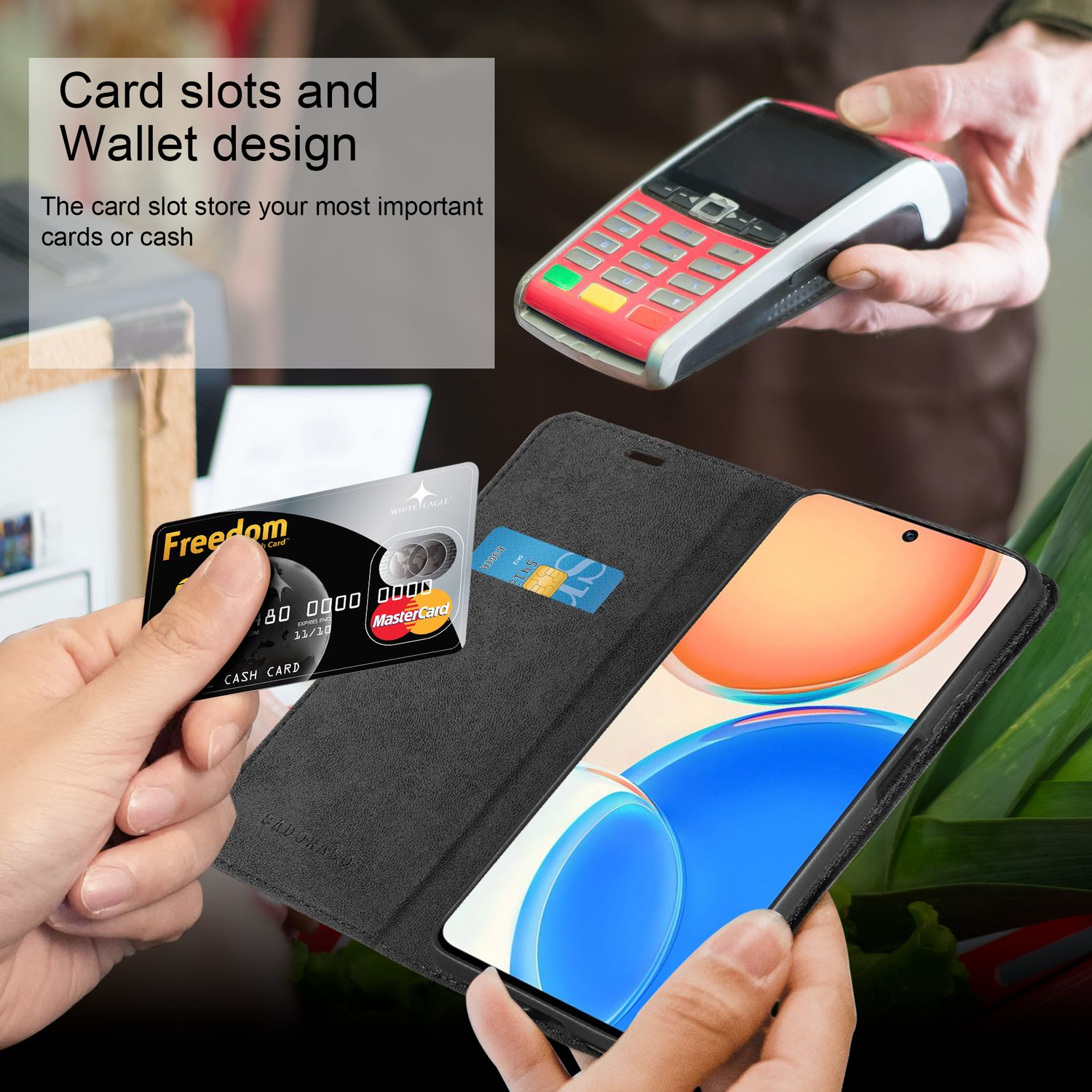 Una custodia per telefono con carte e carta di credito è tenuta in mano. Viene mostrata una macchina per il pagamento.