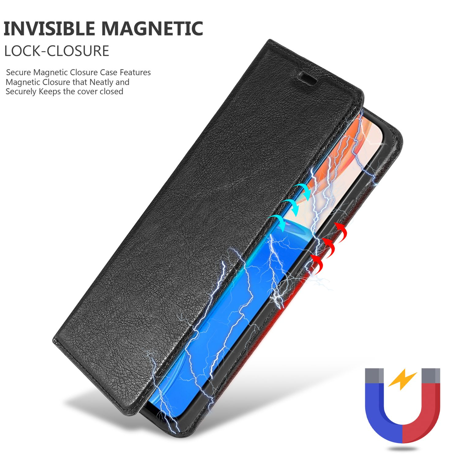 Una custodia nera per telefono con chiusura magnetica. Un effetto di energia blu è sullo schermo del telefono.