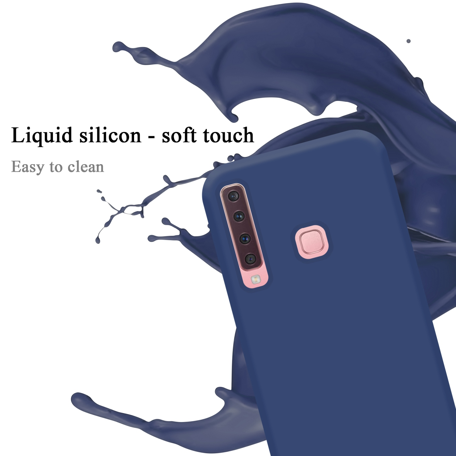 Eine dunkelblaue Handyhülle mit Farbspritzern und der Kamera des Telefons. Text: Flüssiges Silikon - Soft Touch.