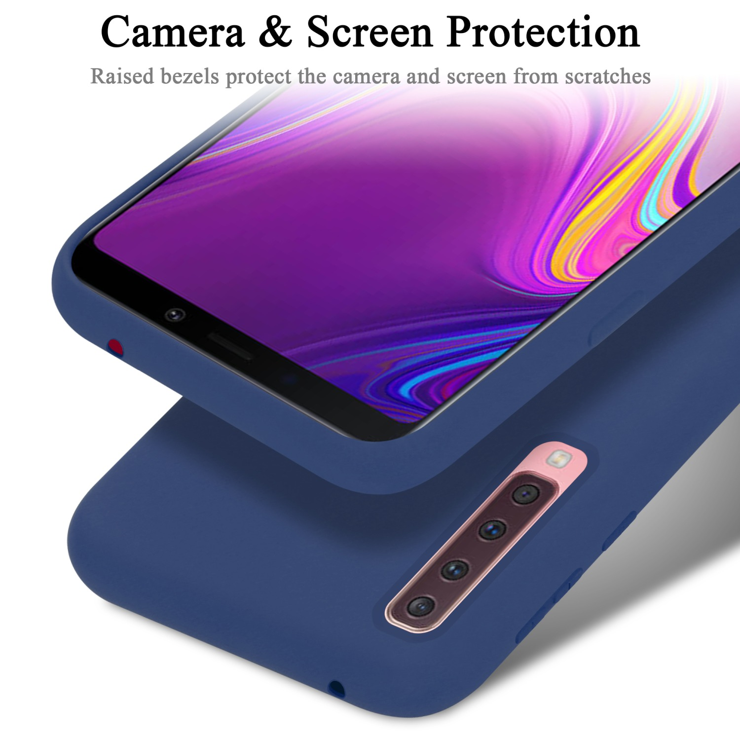 Blaue Handyhülle mit Kamera- und Bildschirmschutz und einem Telefon oben drauf.