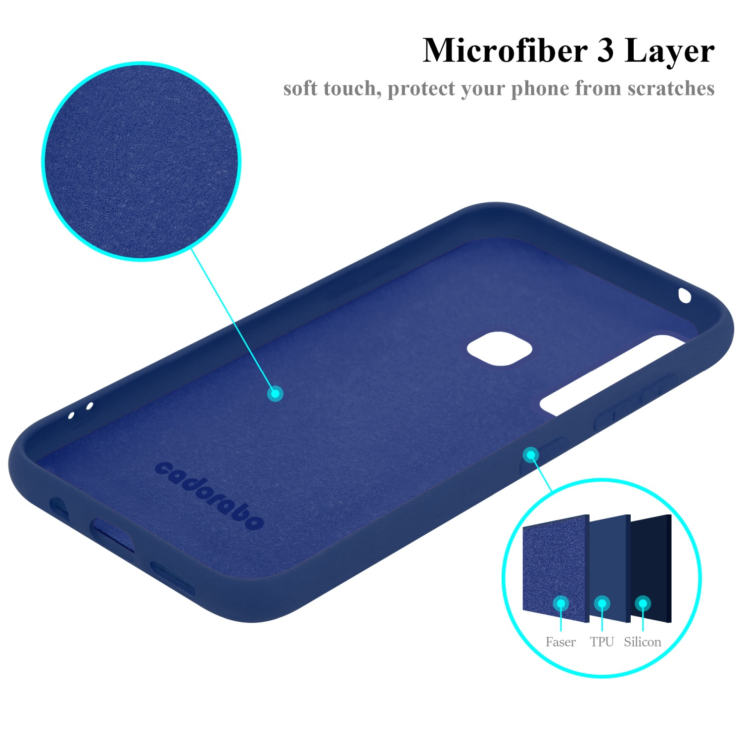 Blaue Handyhülle mit drei Materialschichten und dem Text 'cadorabo'.