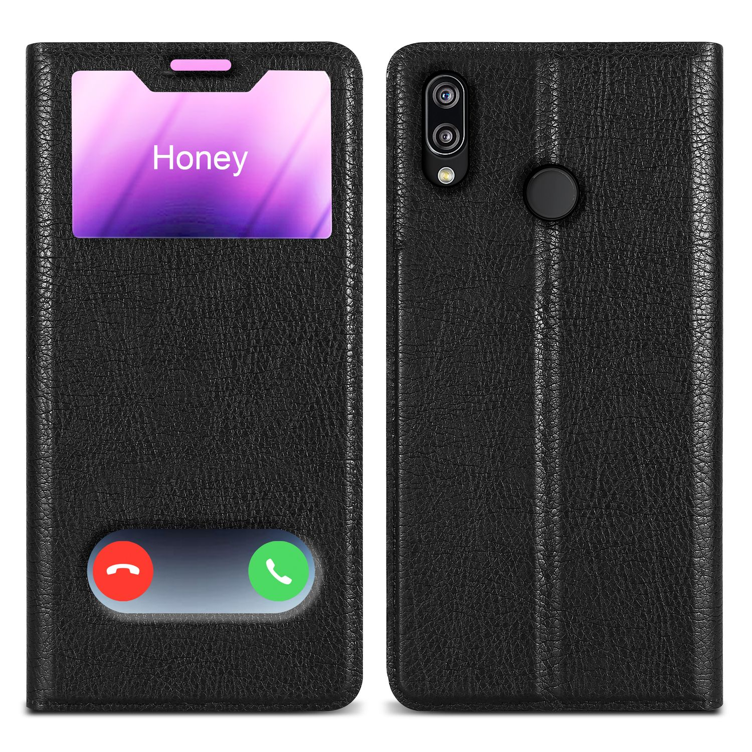 Custodia per telefono nera aperta, che mostra lo schermo di un telefono, con un'interfaccia per accettare/rifiutare le chiamate.