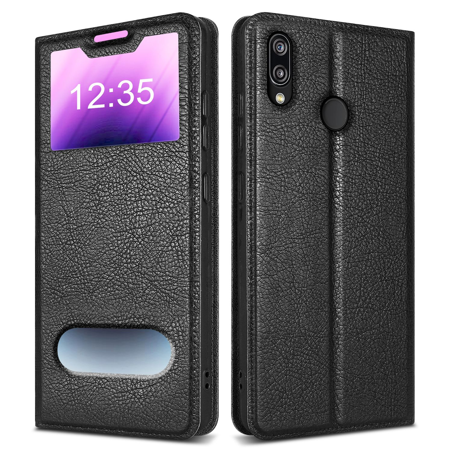 Custodia per telefono in pelle nera con schermo che mostra le 12:35. Ha una finestra e una chiusura magnetica.