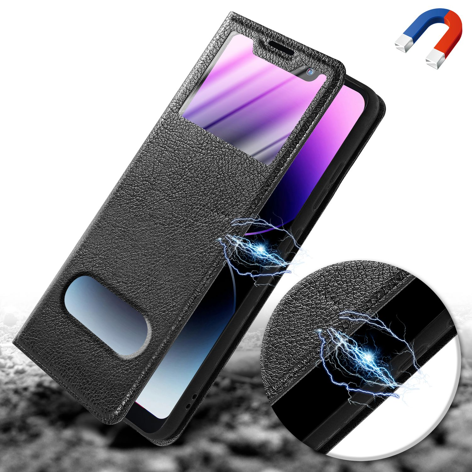 Custodia per telefono nera con finestra e telefono all'interno. Chiusura magnetica visibile.