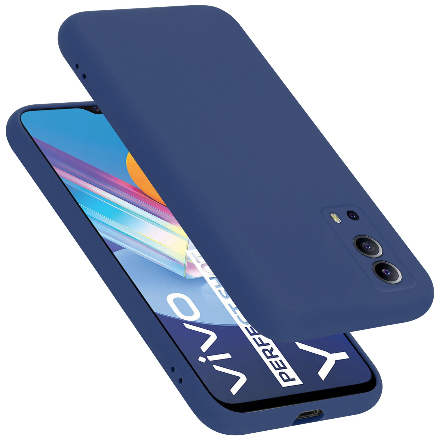 Blaue Handyhülle und Telefon. Die Hülle ist offen und zeigt den Bildschirm.