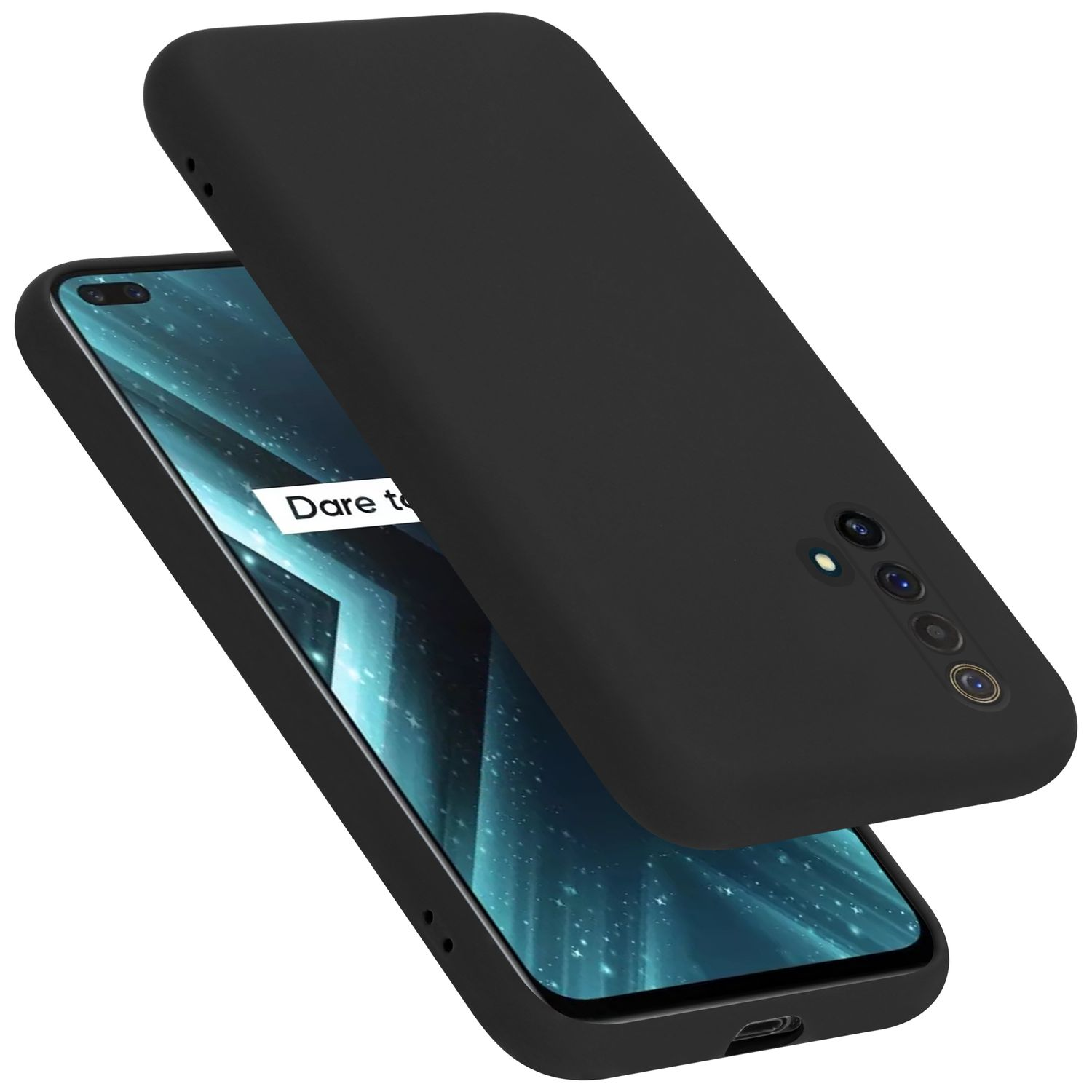 Eine schwarze Handyhülle mit einem Telefon darin. Weißer Hintergrund.