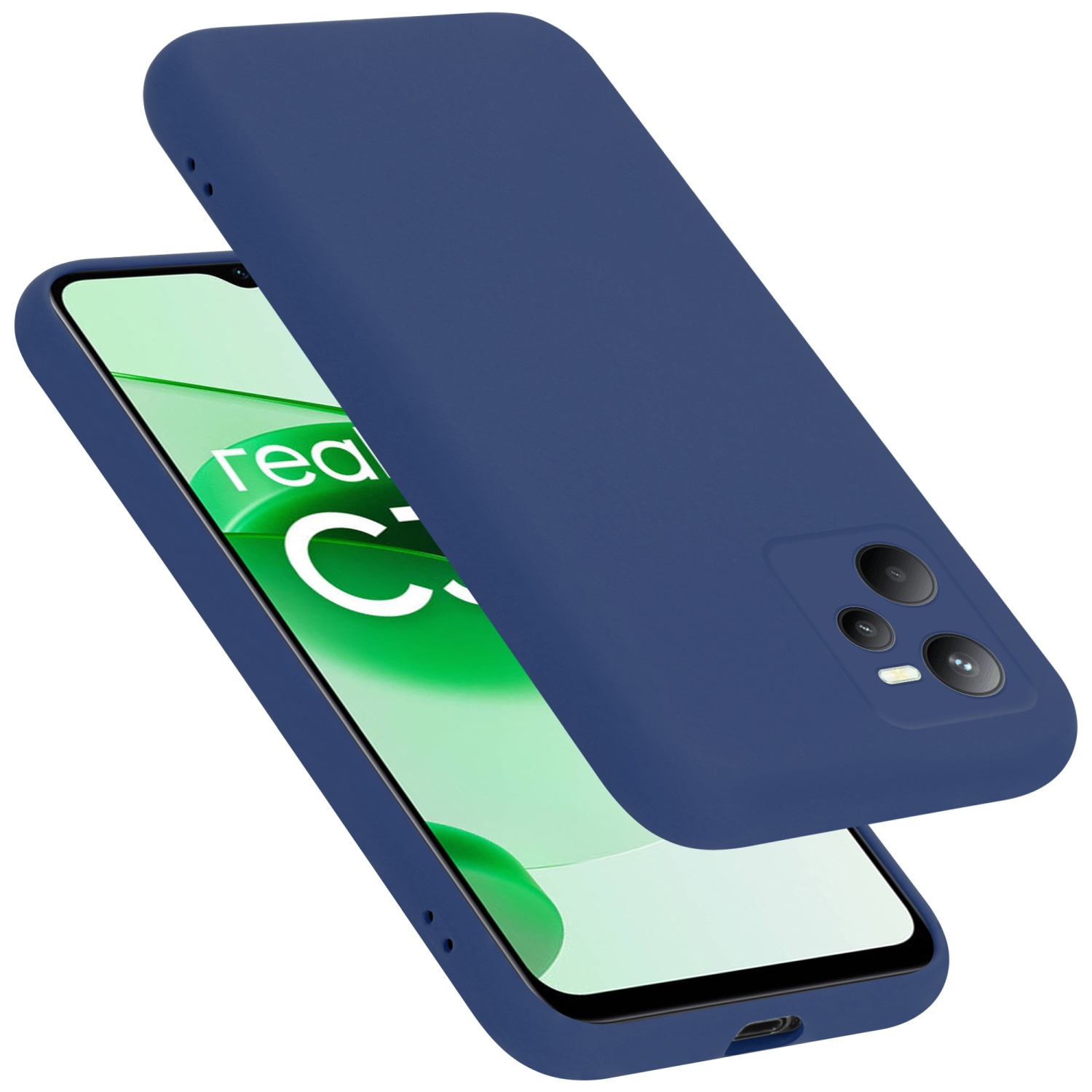 Eine marineblaue Handyhülle bedeckt ein Telefon. Die Hülle schwebt. Realme-Logo sichtbar.