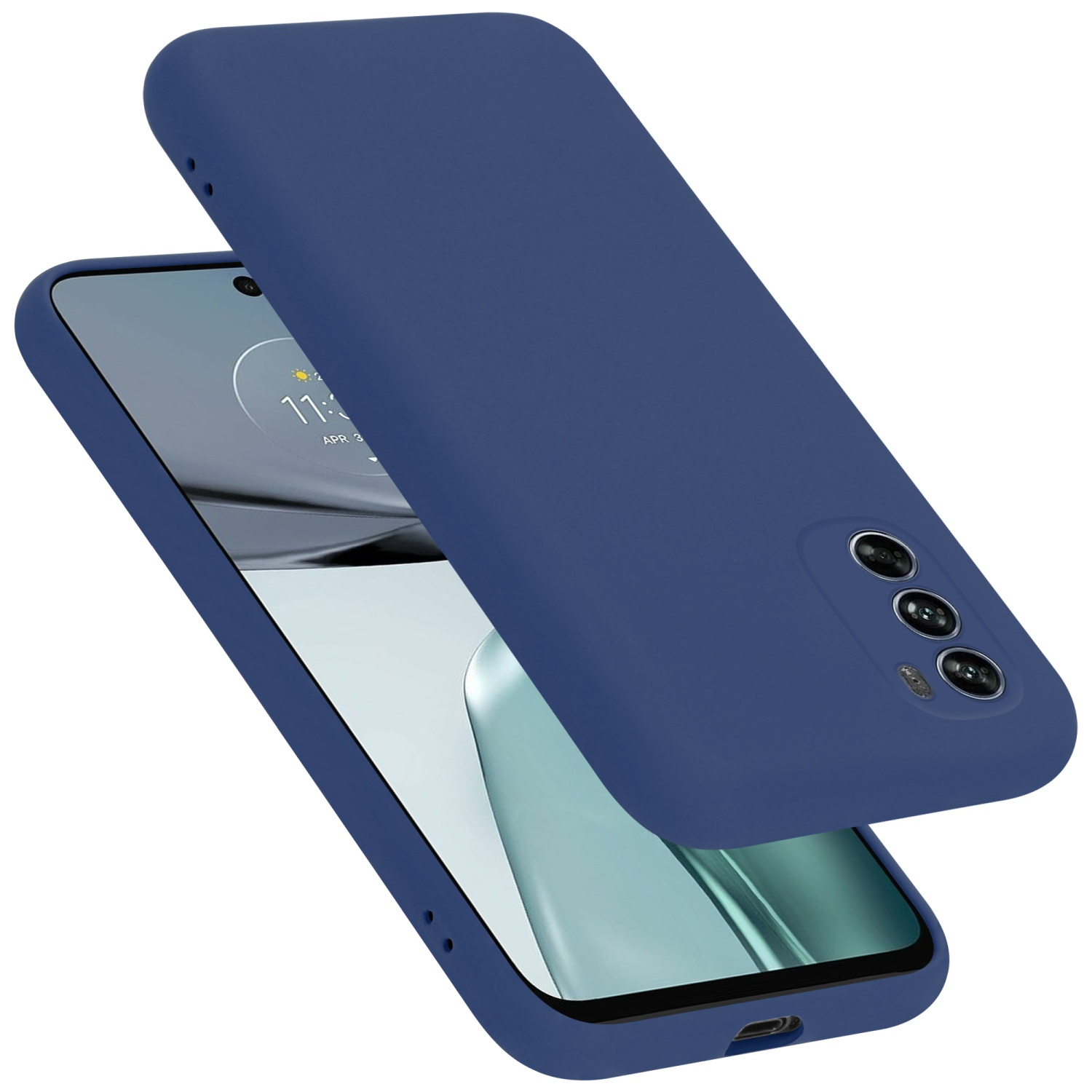 Dunkelblaue Handyhülle und Telefon. Das Telefon zeigt ein farbenfrohes Bild. Hülle ist angewinkelt und offen.