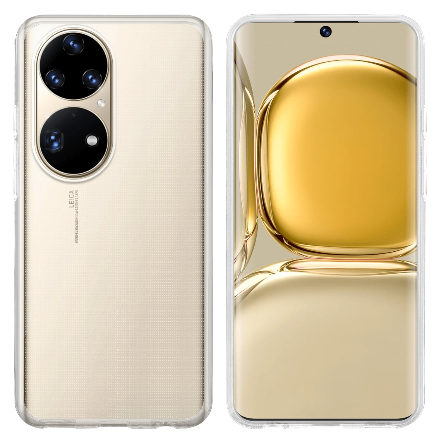 Téléphone dans un étui transparent, vues avant et arrière. Téléphone doré avec objectifs d'appareil photo dorés et noirs.