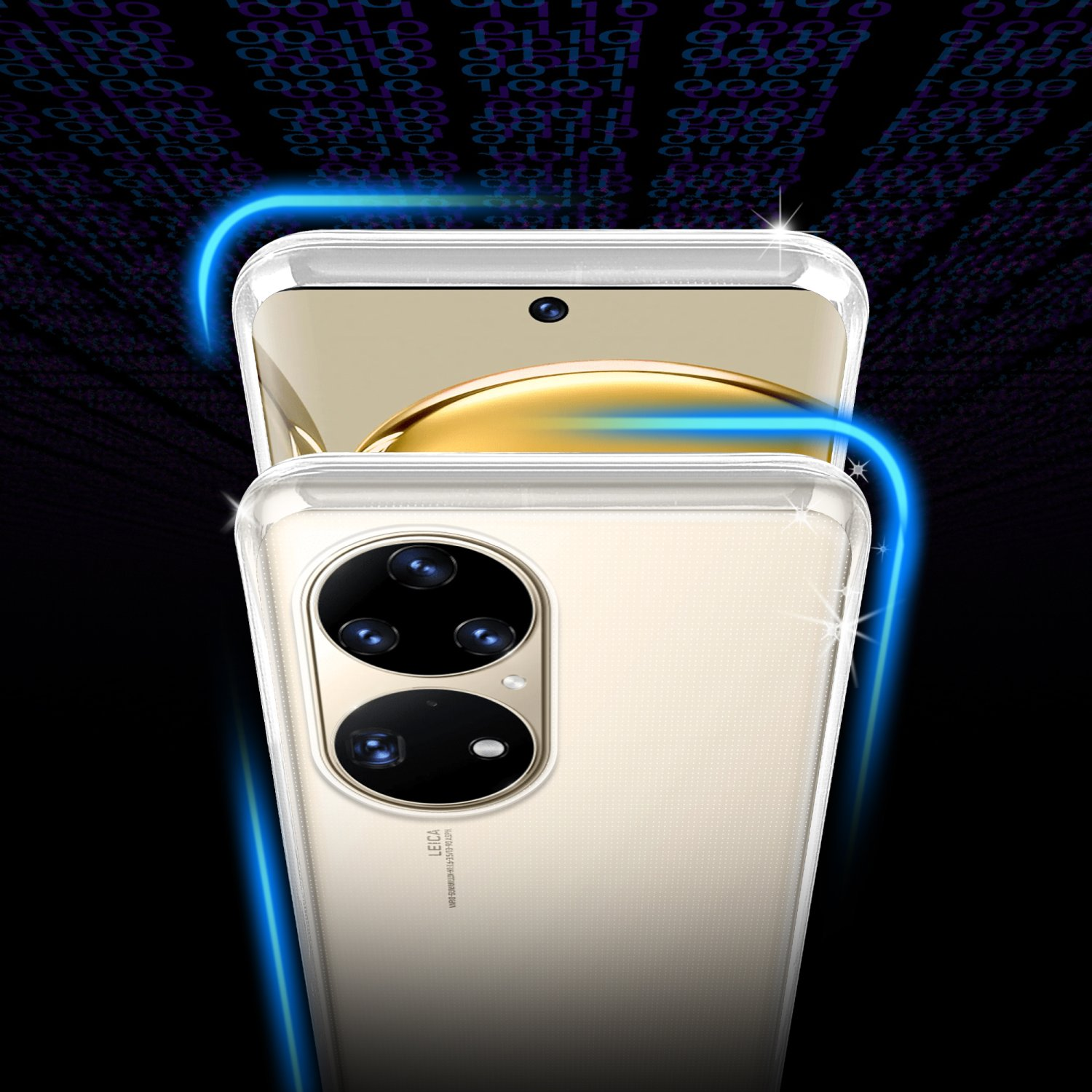 Un téléphone dans un étui transparent. Le téléphone est de couleur dorée. Le fond a des lignes bleues.