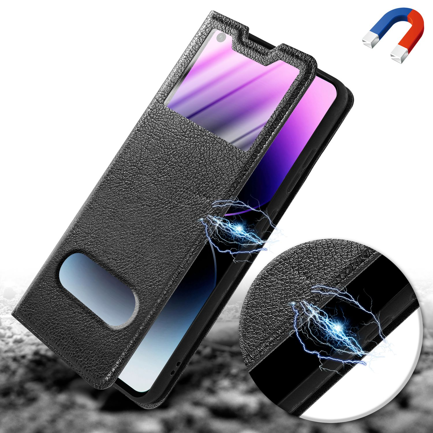 Custodia nera per telefono con finestra aperta. Viene mostrato un magnete con scintille blu. Schermo visibile.