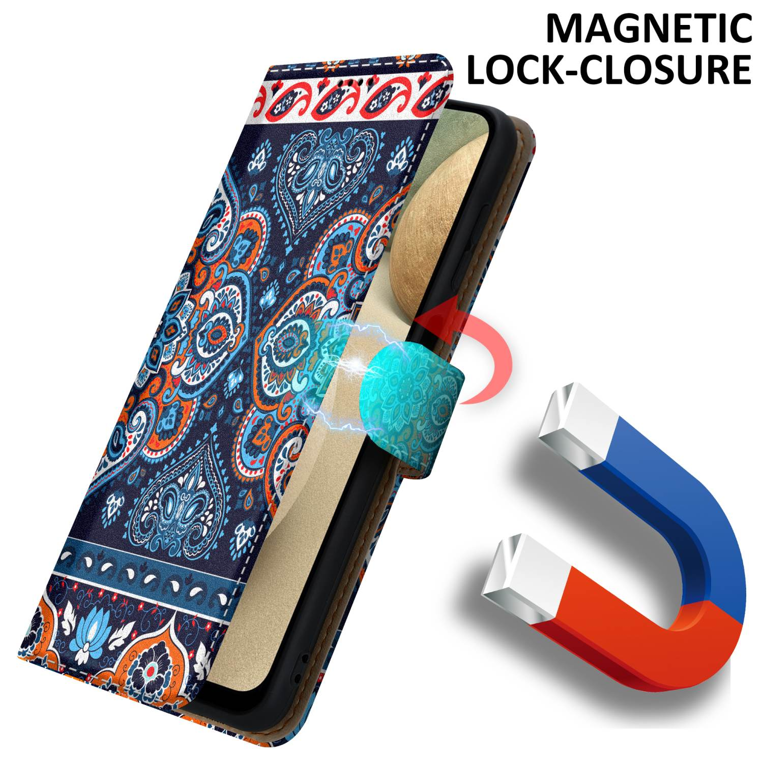 Una custodia per telefono con un motivo, una chiusura magnetica e un magnete per mostrare la chiusura.