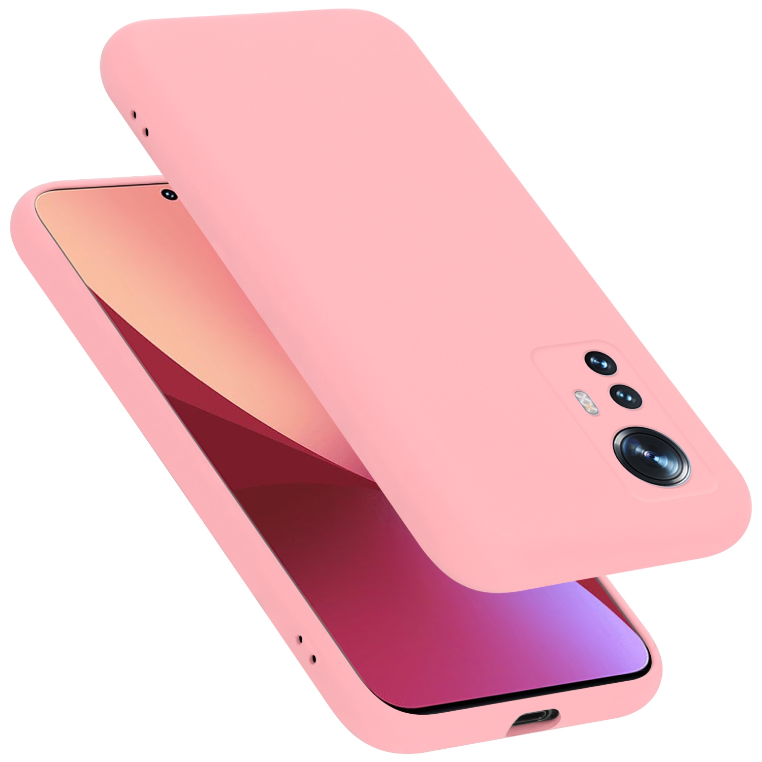 Rosa Handyhülle mit Telefon. Das Telefon zeigt einen Farbverlauf.
