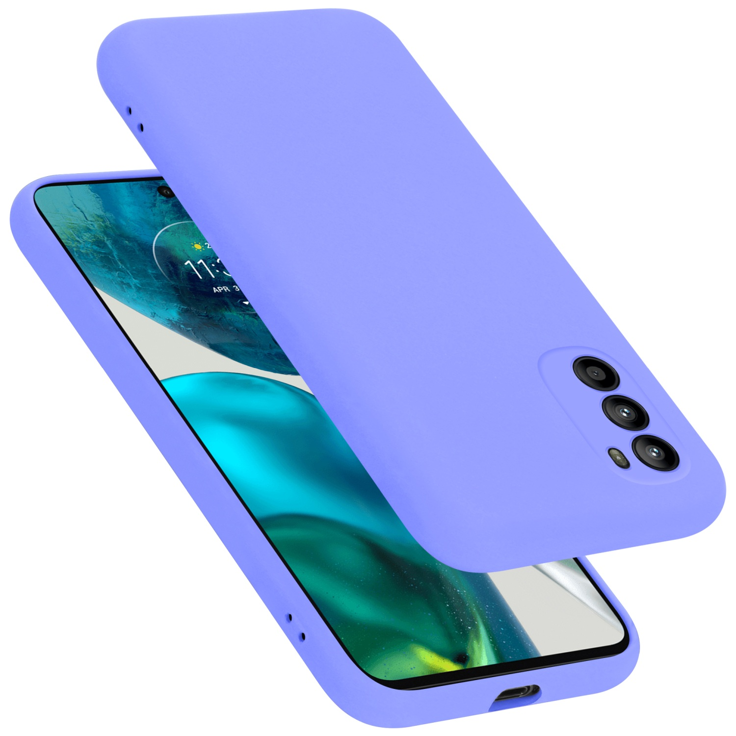 Lila Handyhülle und Telefon. Das Telefon zeigt ein farbenfrohes Bild. Hülle ist angewinkelt und offen.