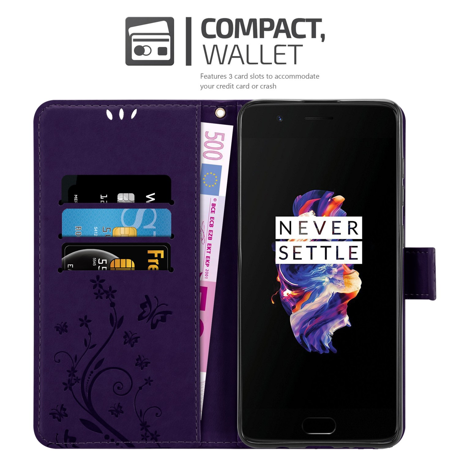 Portafoglio viola per telefono con carte e banconota da 500 euro, con un telefono. Testo: NEVER SETTLE.
