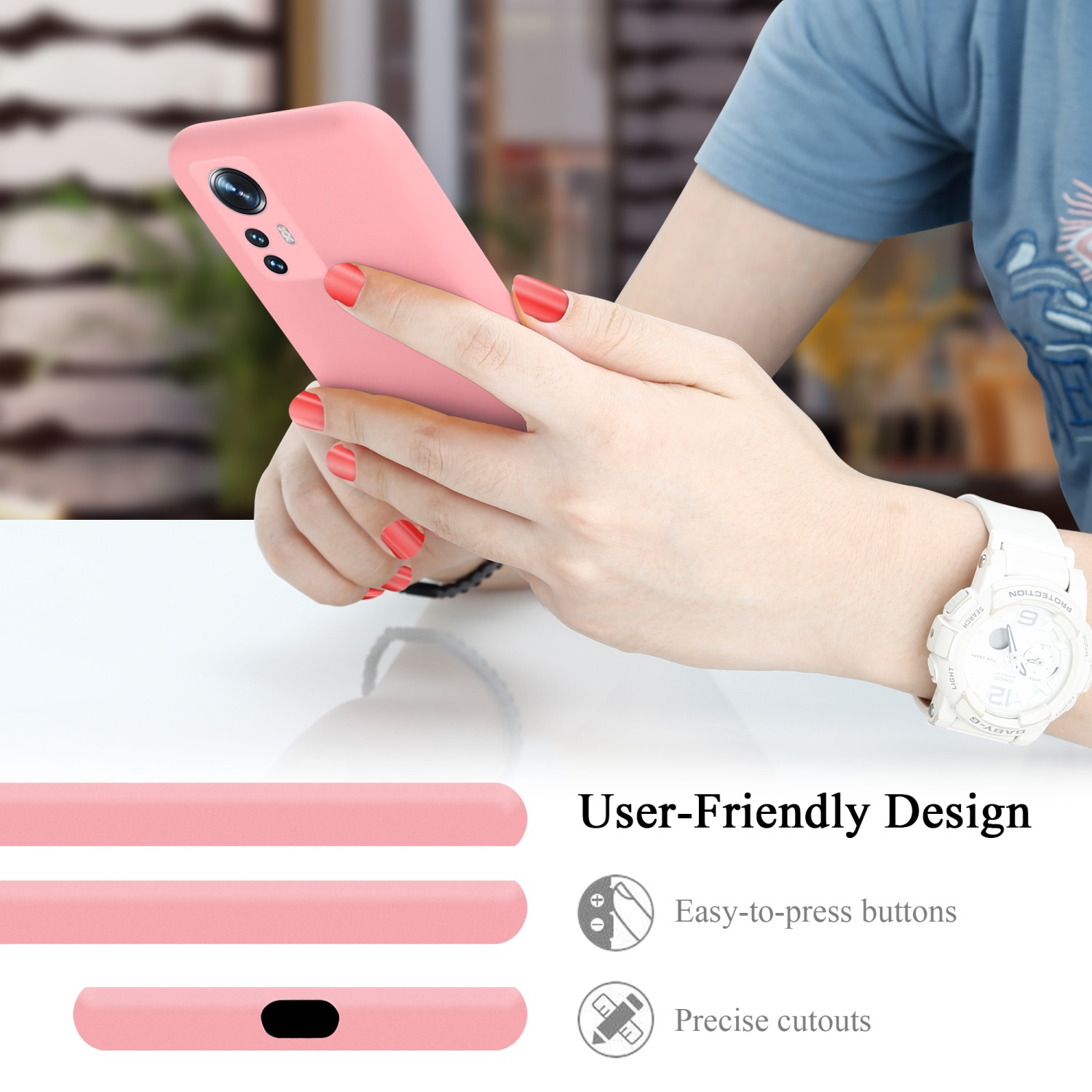 Eine Person hält eine rosa Handyhülle. Text: Benutzerfreundliches Design. Zeigt Tasten und Ausschnitte.