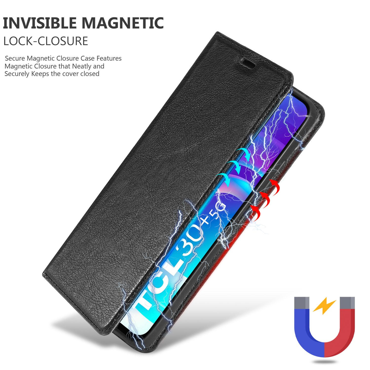 Custodia nera per telefono con chiusura magnetica, evidenziando l'effetto magnetico sullo schermo.