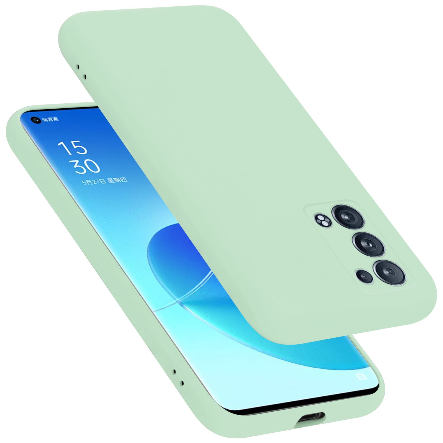 Ein grünes Telefon und eine Hülle sind abgebildet. Das Telefon zeigt Uhrzeit und Datum. Die Hülle liegt darüber.