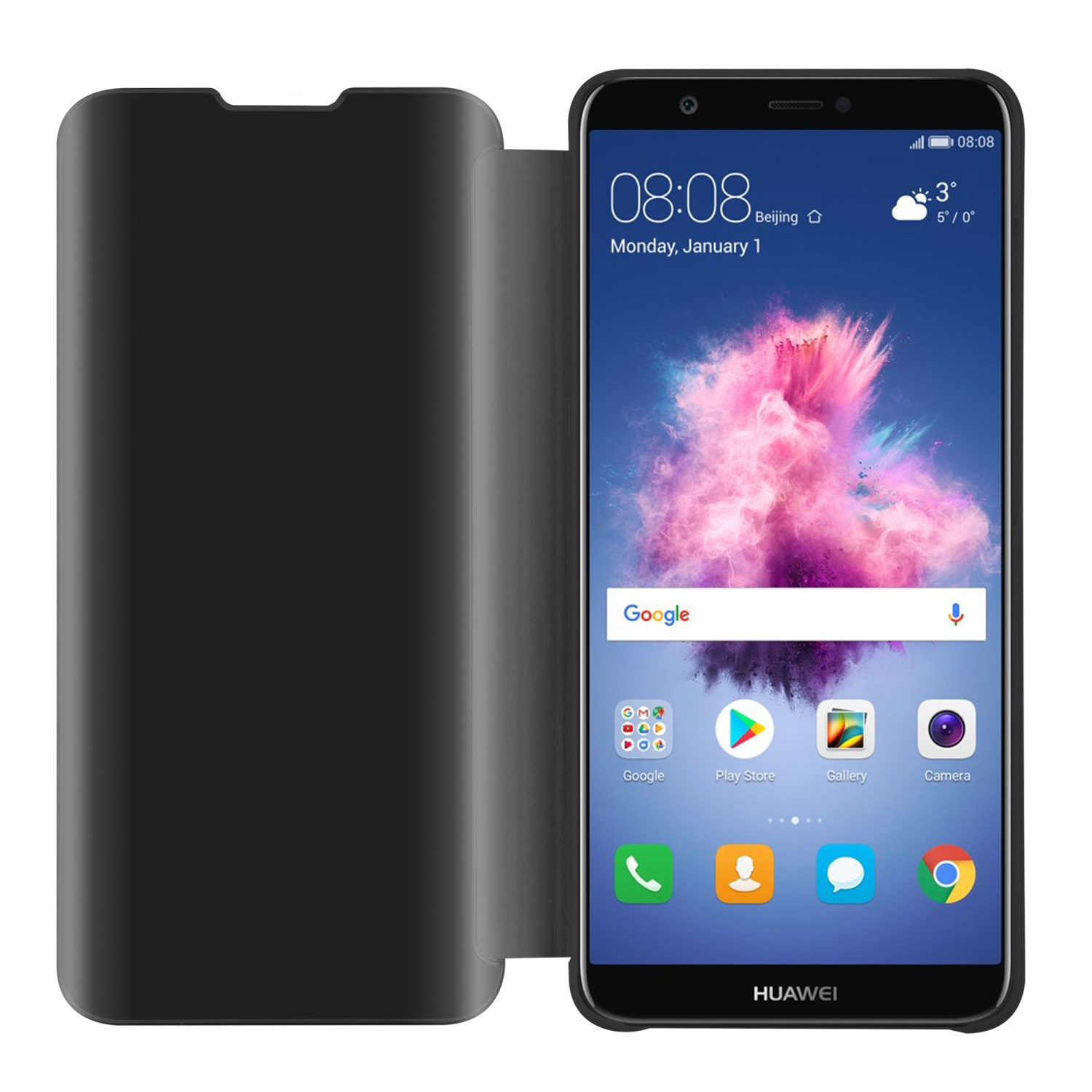 Eine schwarze Handyhülle, geöffnet, mit einem Telefonbildschirm, der die Uhrzeit und die Google-Suchleiste anzeigt.