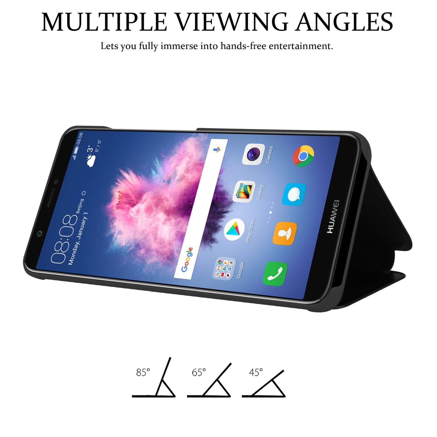 Smartphone in schwarzer Hülle, zeigt verschiedene Betrachtungswinkel und das Huawei-Logo. Bildschirm zeigt Google und Symbole.