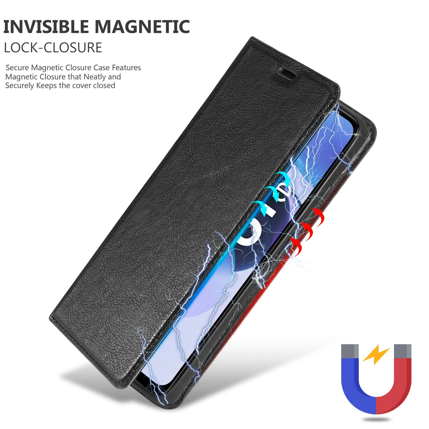 Custodia nera con copertura aperta, effetto fulmine. Testo: Chiusura magnetica invisibile, chiusura sicura.