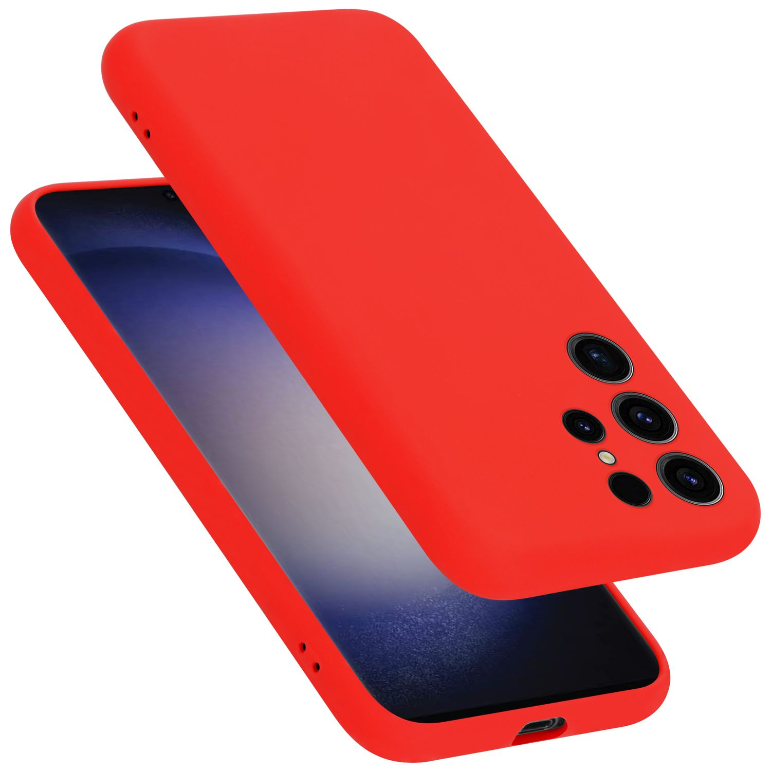 Eine rote Handyhülle mit Kameraaussparungen auf der Rückseite und einem Telefon darin.