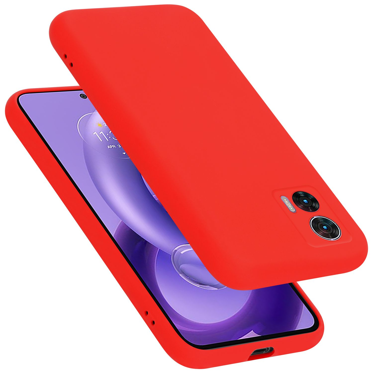 Rote Handyhülle mit Telefon. Das Telefon zeigt das Datum an.