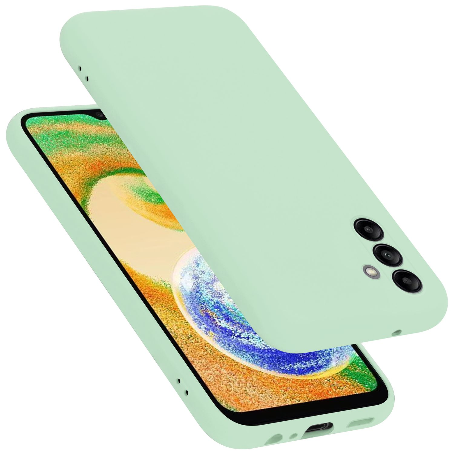 Grüne Handyhülle über einem Telefon, mit dem Bildschirm, der ein blaues und weißes Design zeigt.