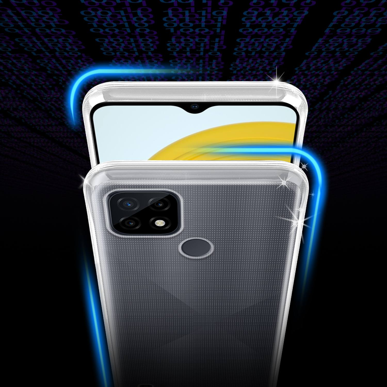 Custodia trasparente per telefono su sfondo nero con evidenziazione blu, che tiene un telefono, con effetto flusso dati.