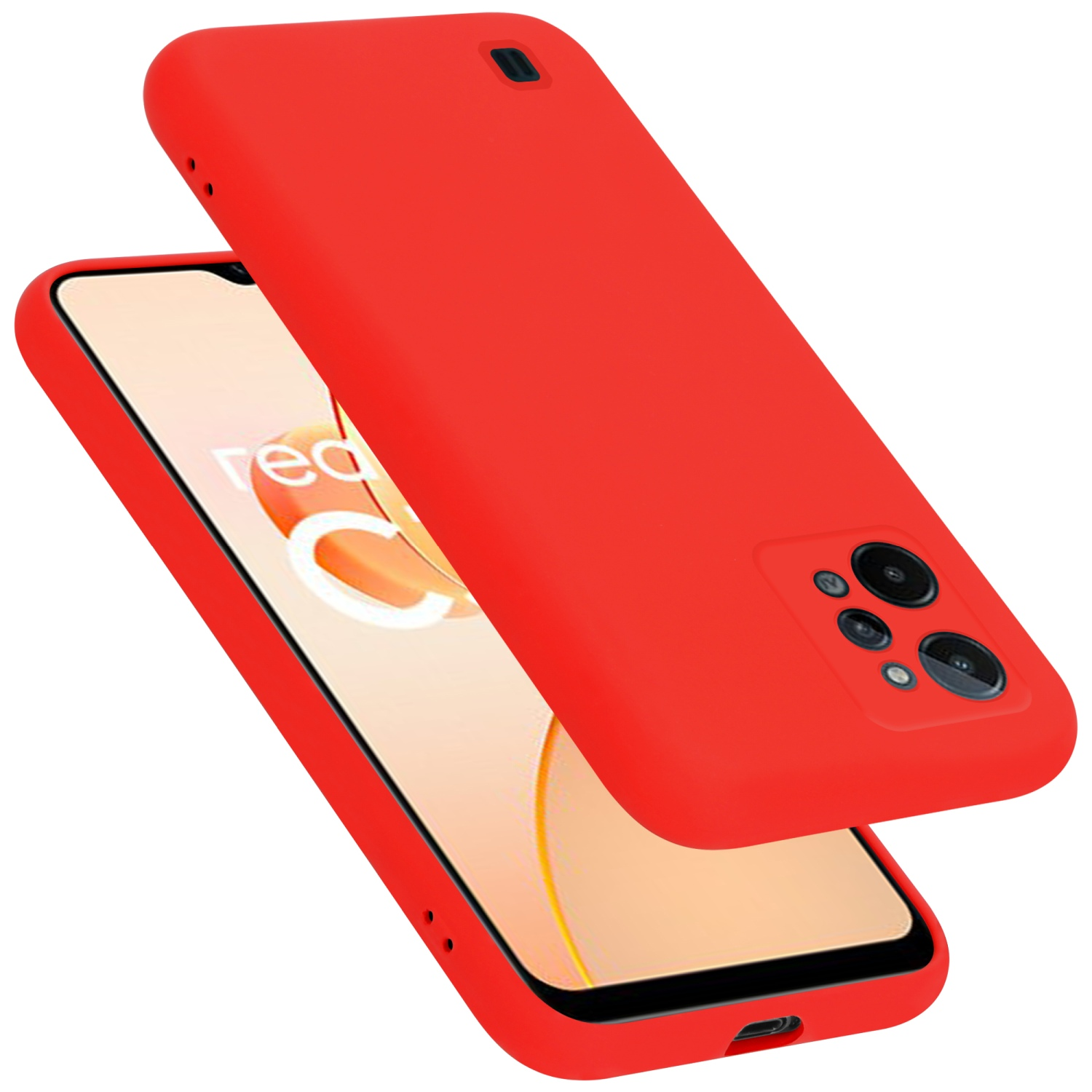 Rote Handyhülle und ein Telefon. Das Telefon und die Hülle sind in der Luft.