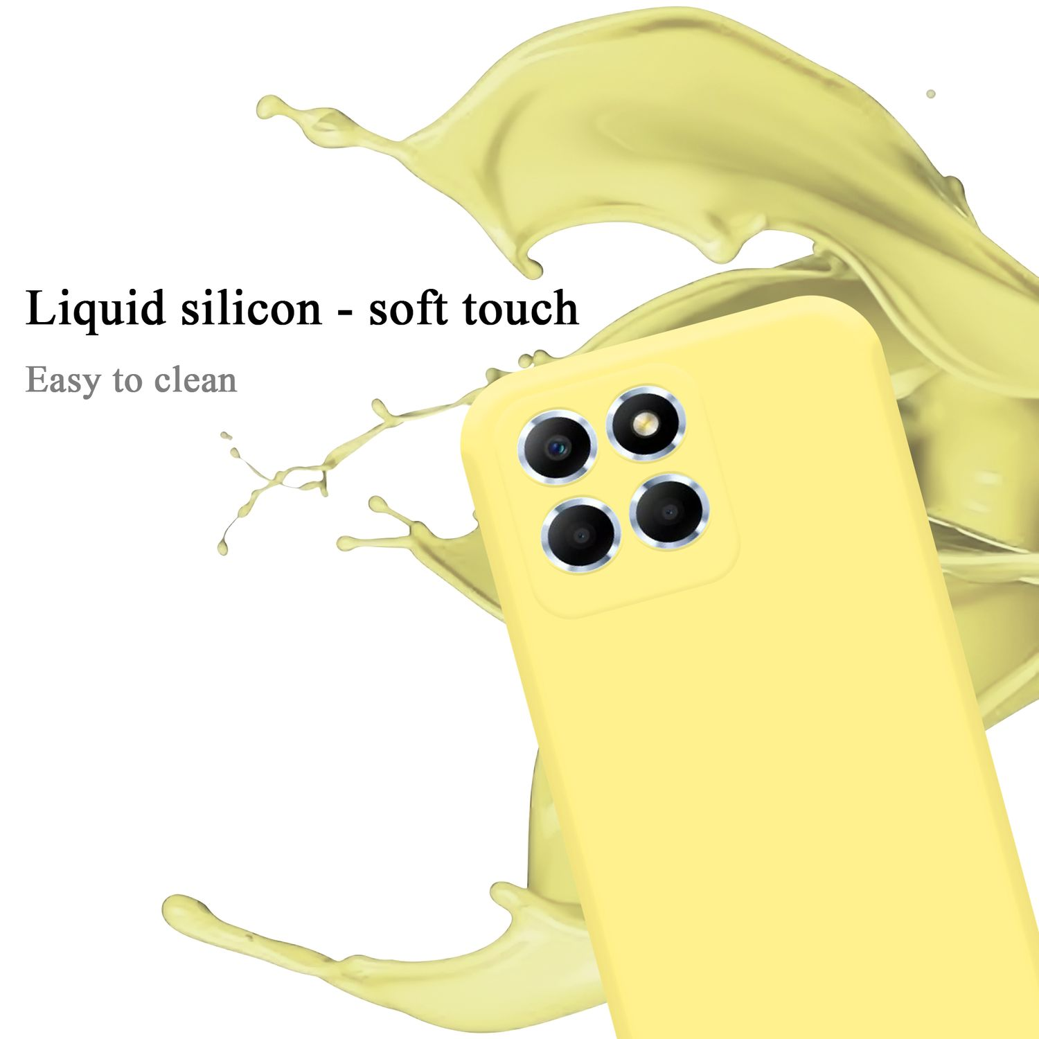 Gelbe Handyhülle mit gelbem Flüssigkeitsspritzer. Text: Flüssigsilikon - Soft-Touch. Leicht zu reinigen.