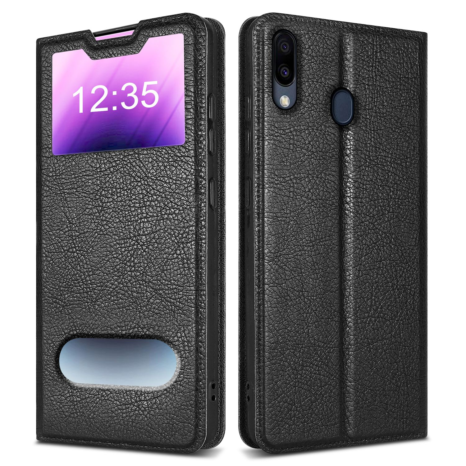 Custodia per telefono nera con display. Mostra 12:35. La custodia ha un aspetto in pelle strutturata.